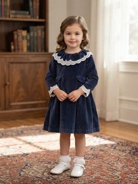 La Coqueta Navy Velvet Lace-Trim Girls' Dress